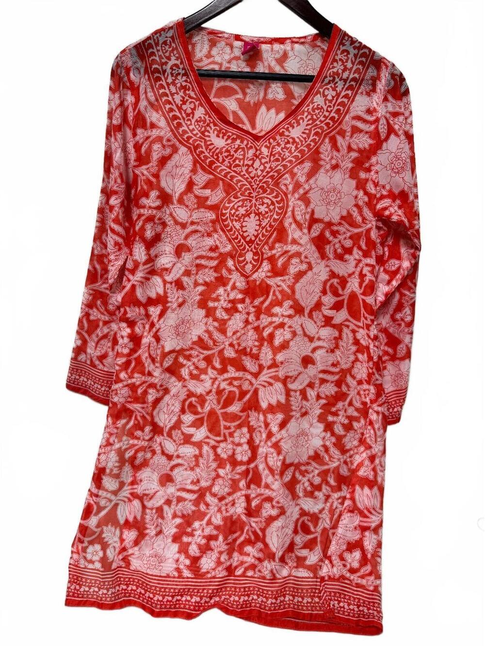 Raj Floral Cotton Kurta Tunic Cover Up Red White M